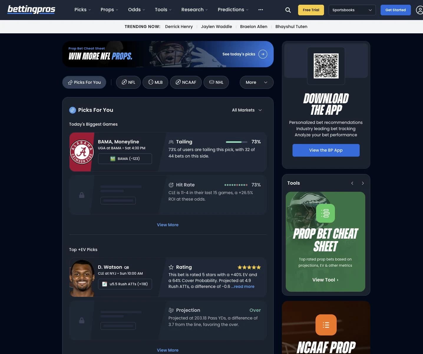 BettingPros public homepage with picks and research tools, captured October 9, 2026.